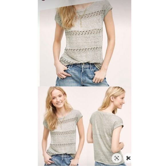 Anthropologie AKEMI + KIN Grey Lattice Linen T shirt Greym Size Small Coquette - Picture 3 of 6